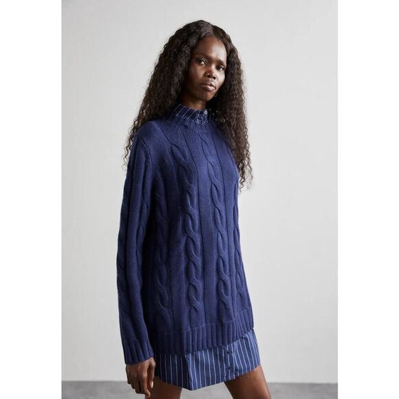 Staud Aldrin Cable Knit Mixed Media Sweater Mini Dress Navy Blue Size XS - Picture 6 of 9